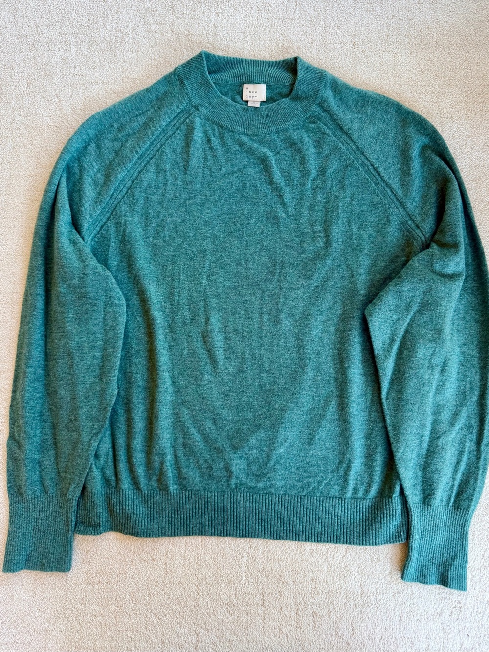 A New Day Sweater Womens L Teal Green Crewneck Raglan Pullover Cotton Blend
